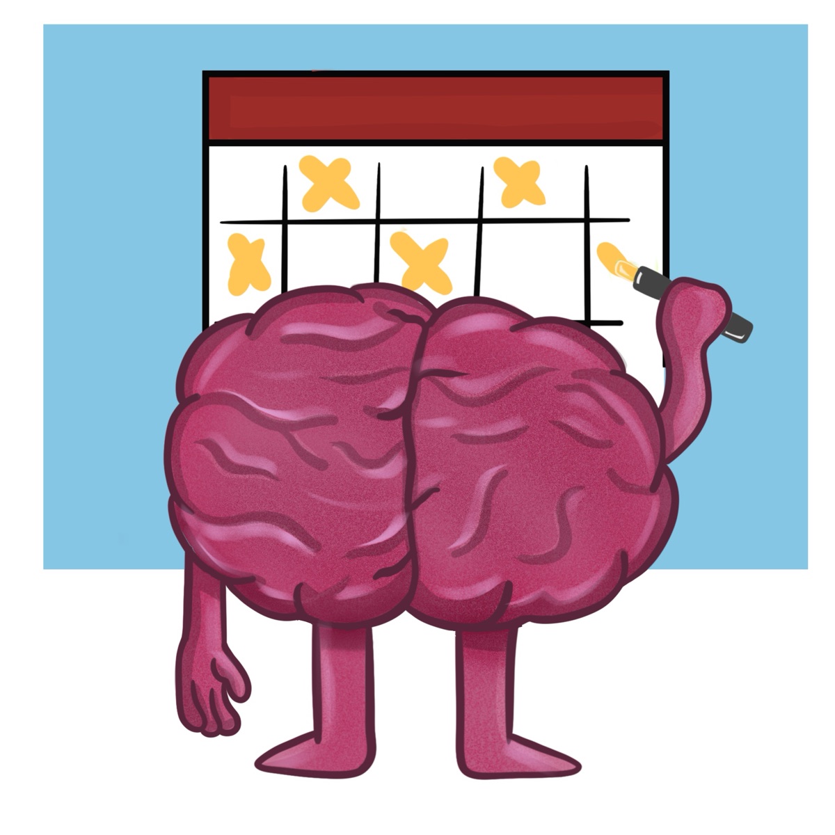 Brain character with a calendar for spaced repetition