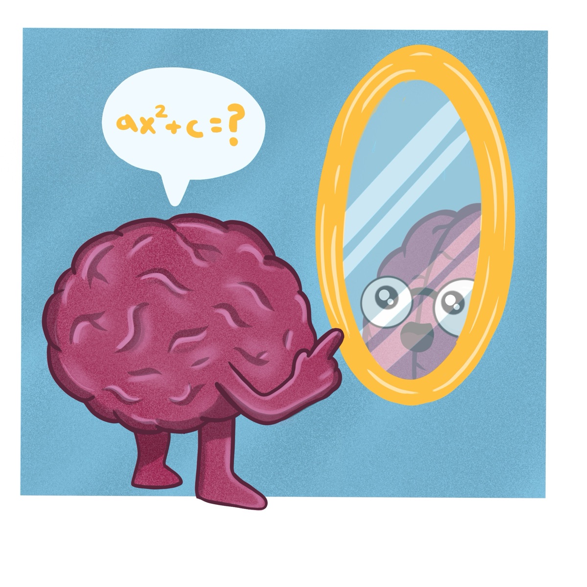 Brain character quizzing itself in a mirror