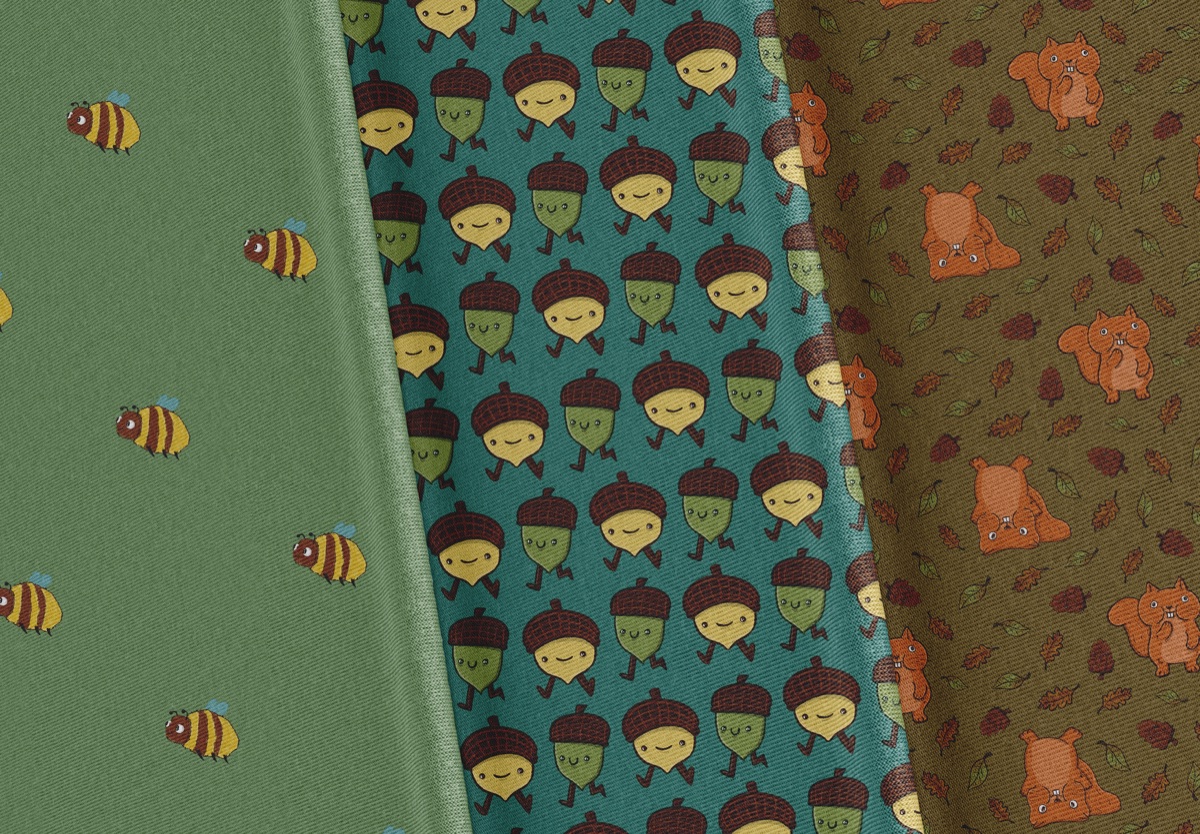 Fabric swatches with bee, acorn and squirrel patterns