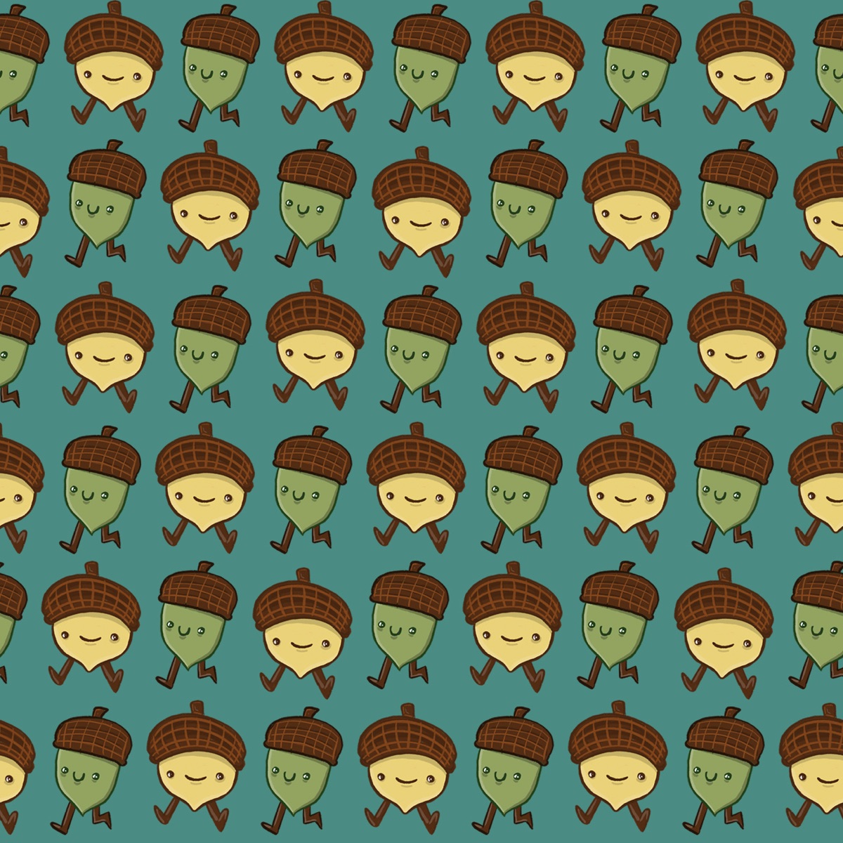 Repeat pattern of walking acorn characters on teal