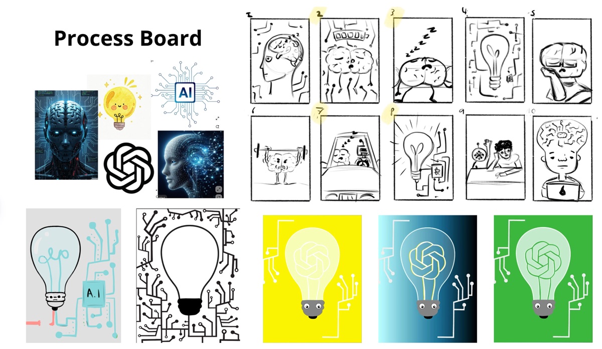 Process board with reference images, thumbnail sketches and color variations of the lightbulb illustration