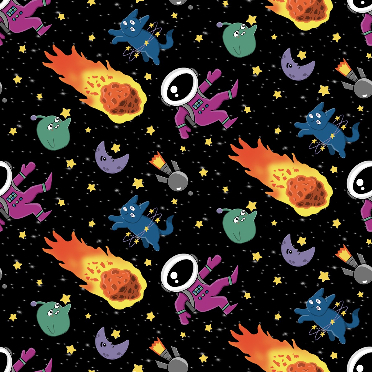 Galactic Boom hero repeat pattern of astronauts, comets and moons on black