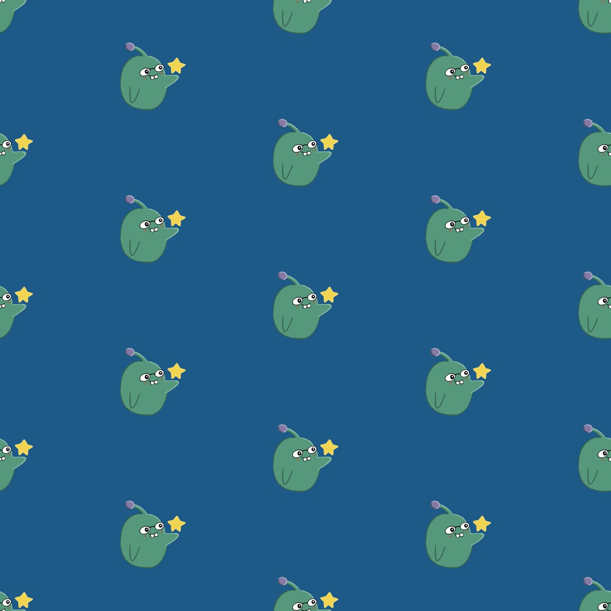 Repeat pattern of small green aliens holding stars on blue
