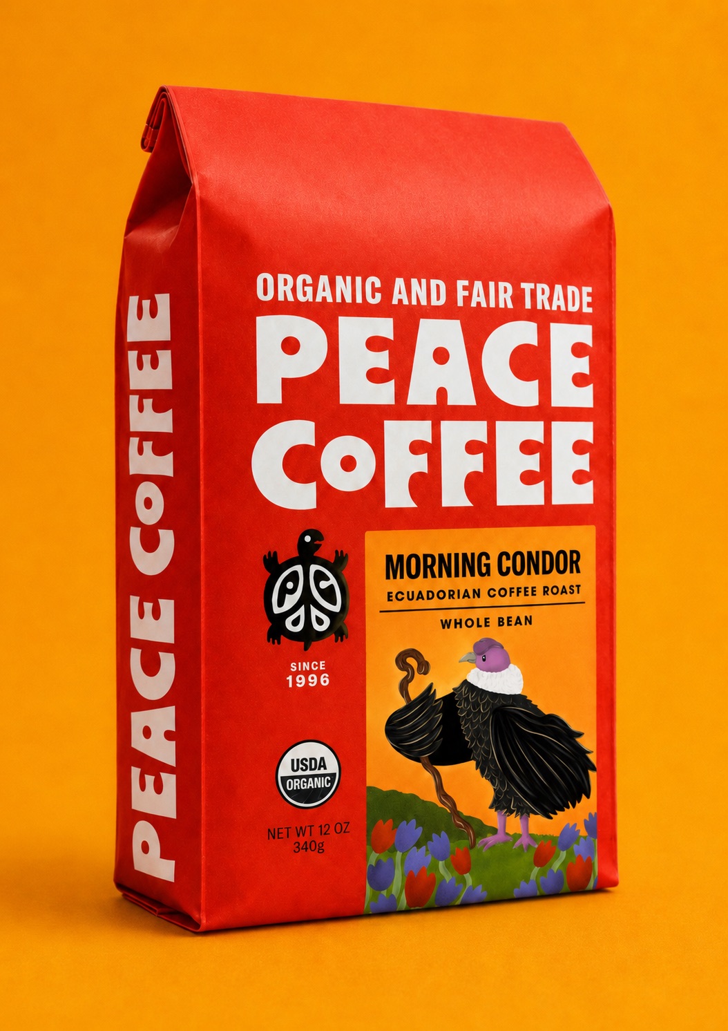 Angled view of the Morning Condor coffee bag