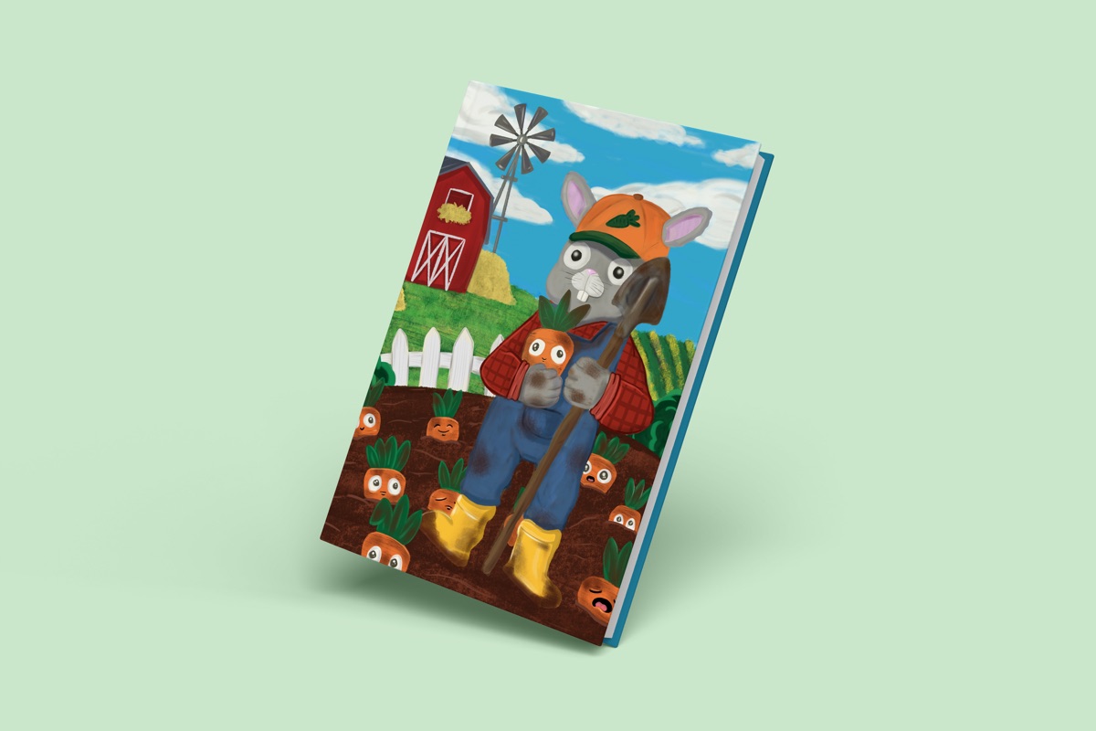 Book mockup of the Mr. Cottonferry's Carrot Nursery cover on a mint background