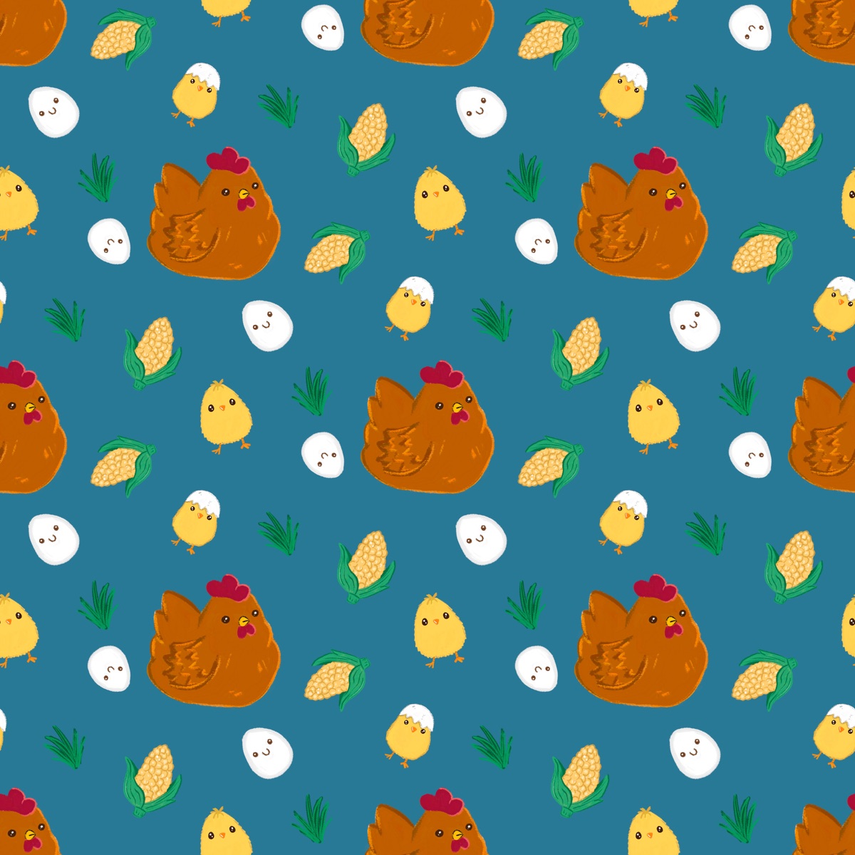 Repeat pattern of brown hens, chicks and corn on blue