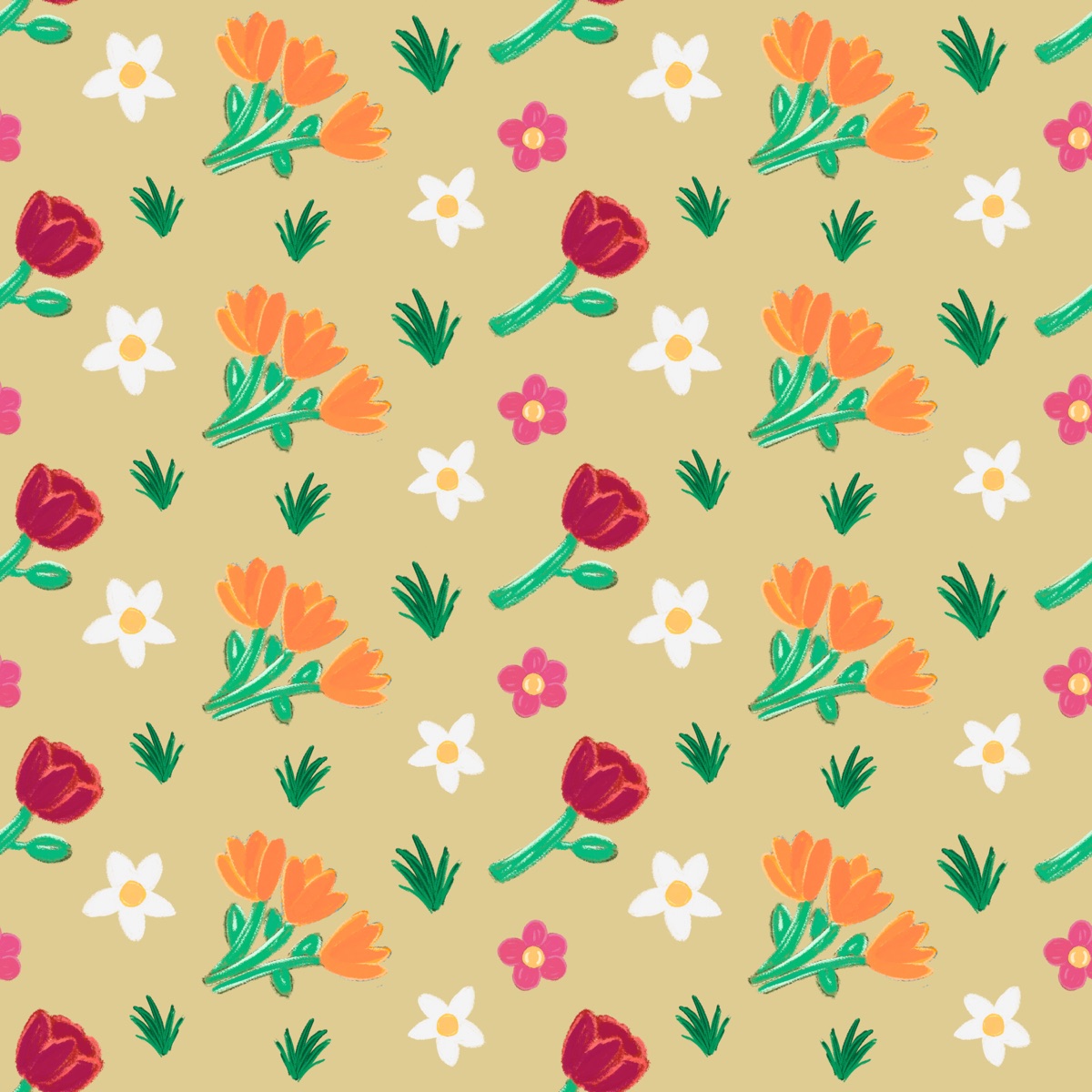 Repeat pattern of tulips and daisies on cream