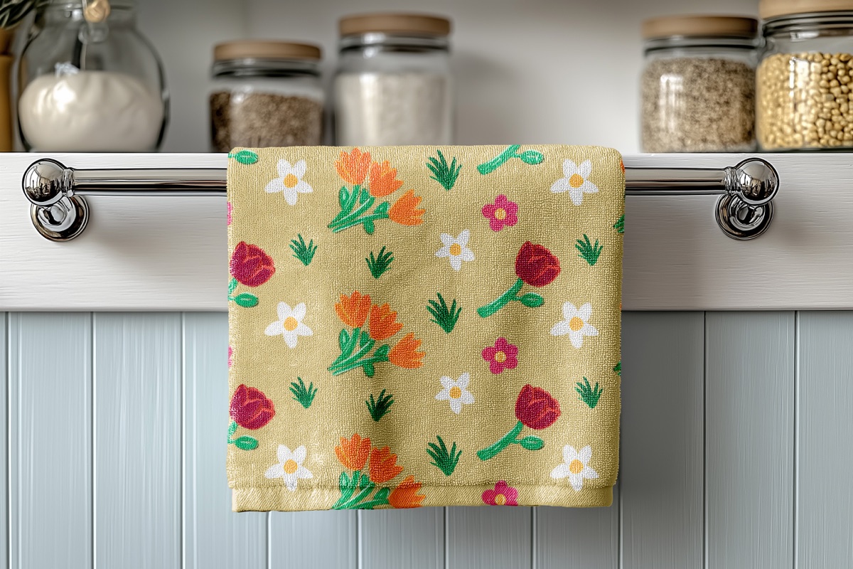 Kitchen towel with a flower pattern hanging in a kitchen