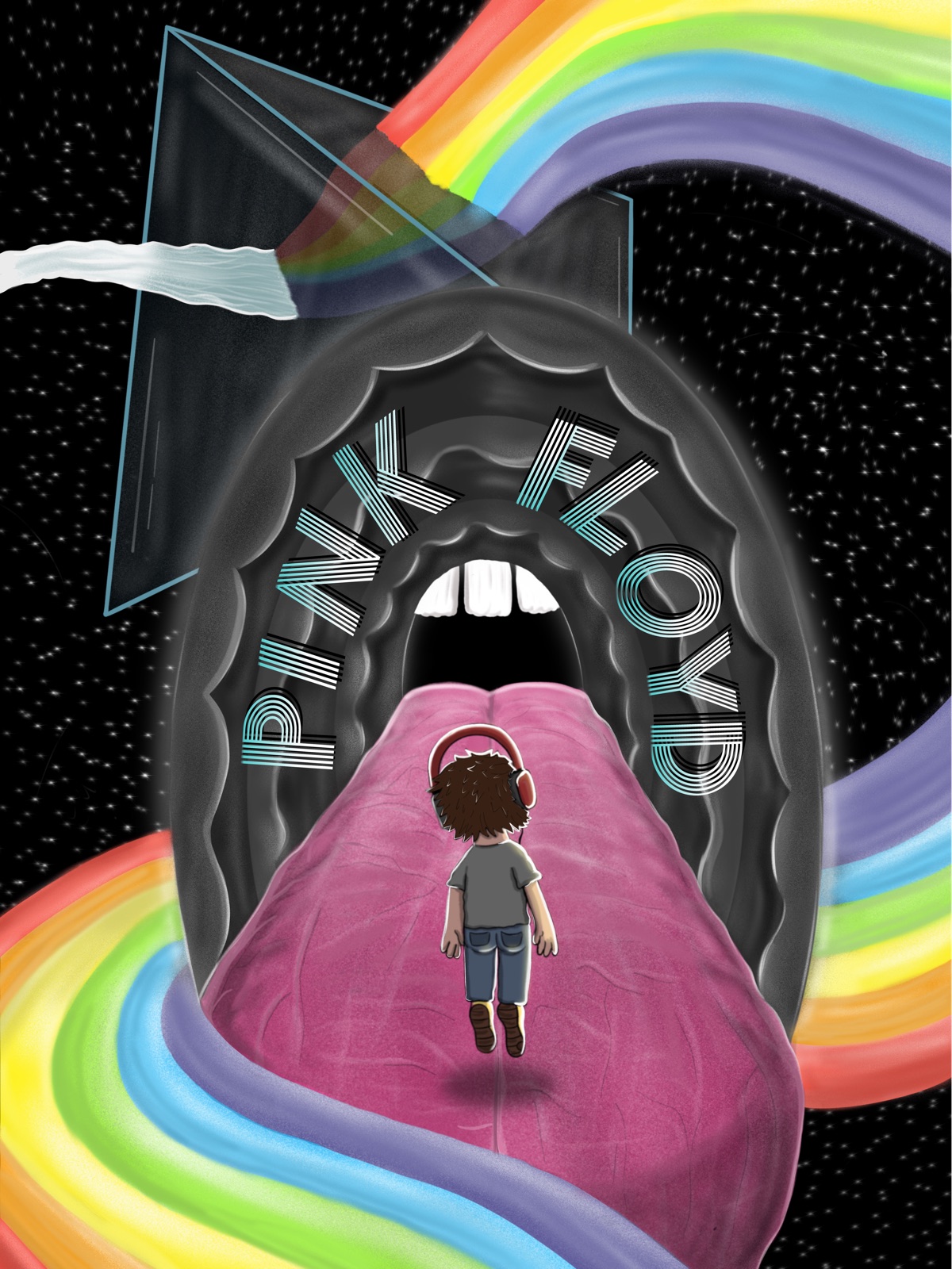Pink Floyd gig poster: a child with headphones walks down a pink tongue into a giant mouth, with a prism and rainbow in space
