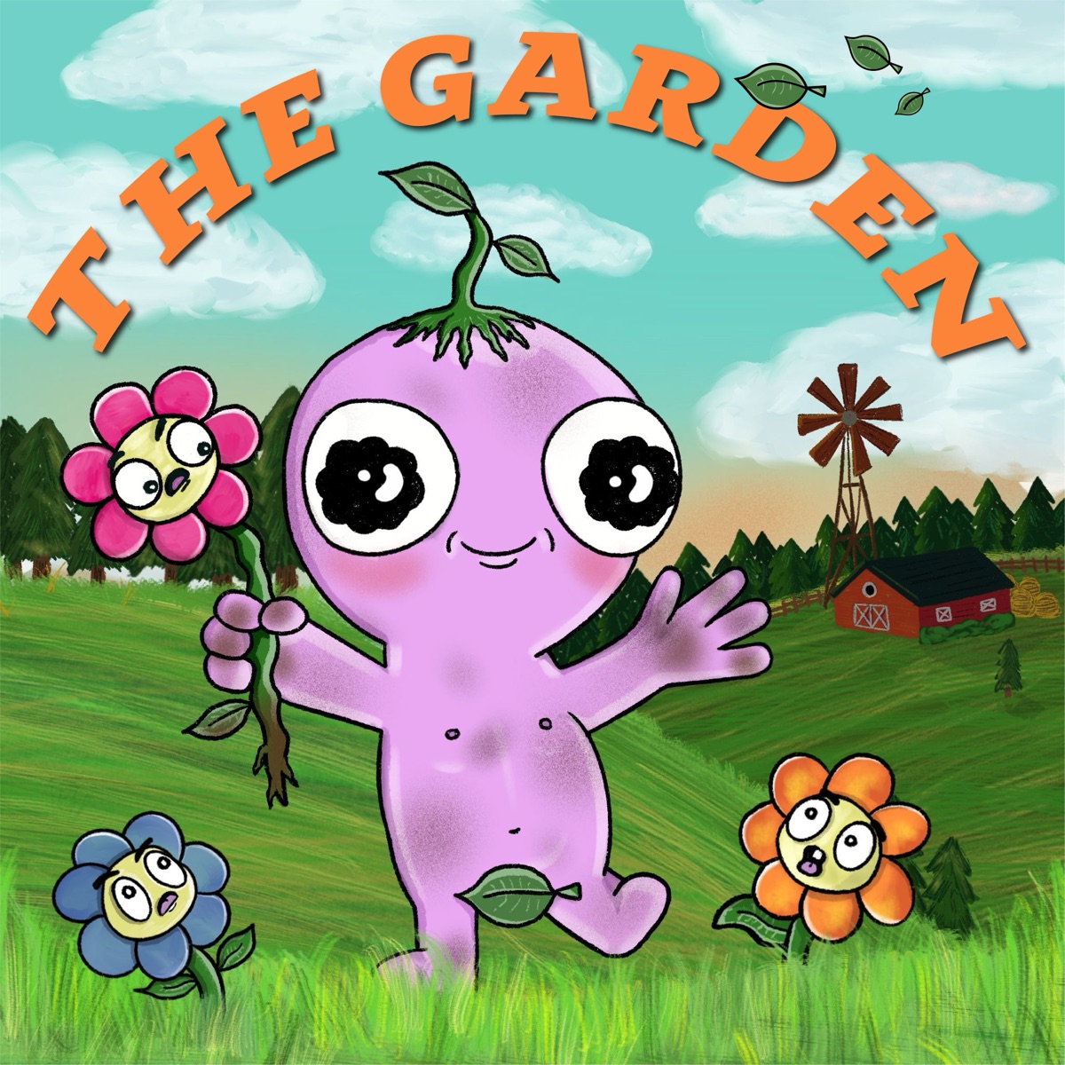 The Garden cartoon cover: a round purple sprout character waving in a sunny farm field with smiling flowers
